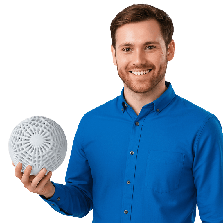 man holding 3d printed sphere